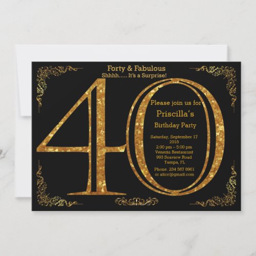 40thBirthday party forty Gatsby black  gold Invitation