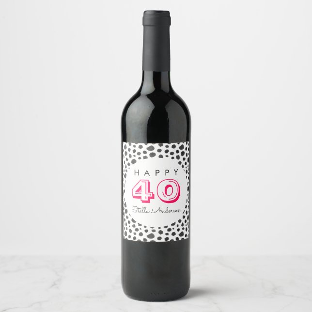 40th Birthday Party | Fun Black Dots Pattern Wine Label (Front)