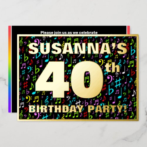 40th Birthday Party  Fun Colorful Music Symbols Foil Invitation