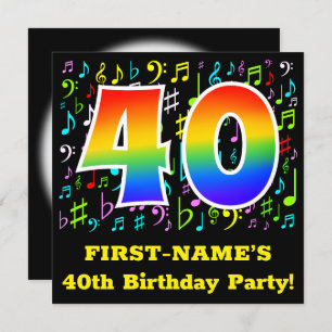 40th Birthday Party: Fun Music Symbols, Rainbow 40 Invitation