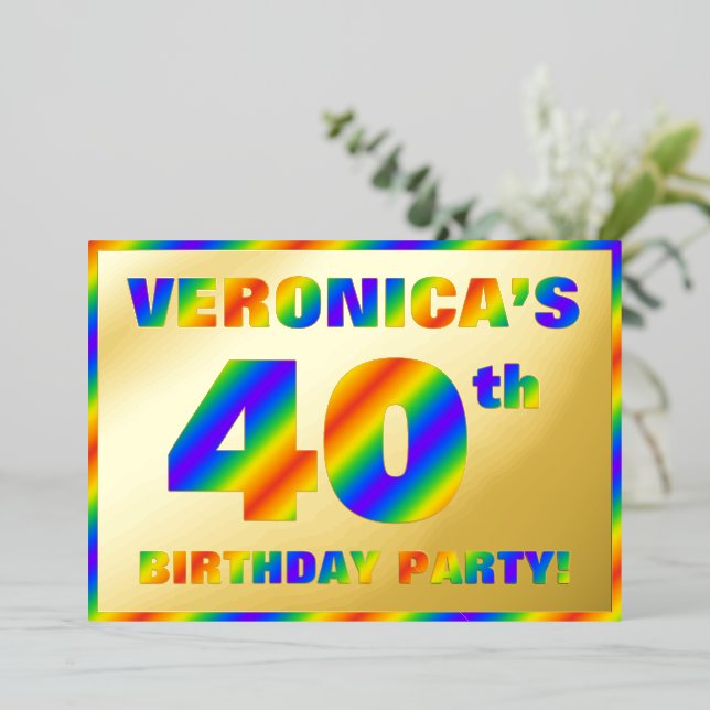 40th Birthday Party — Fun, Rainbow Spectrum “40” Foil Invitation (Standing Front)