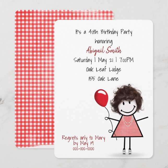 40th Birthday Party Girl with Red Balloon   Invitation (Front/Back)
