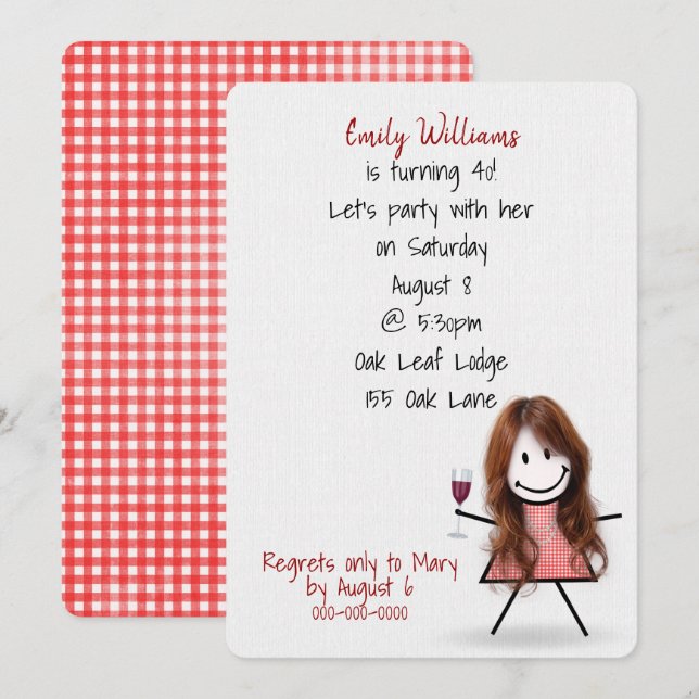 40th Birthday Party Girl with Wine Invitation (Front/Back)