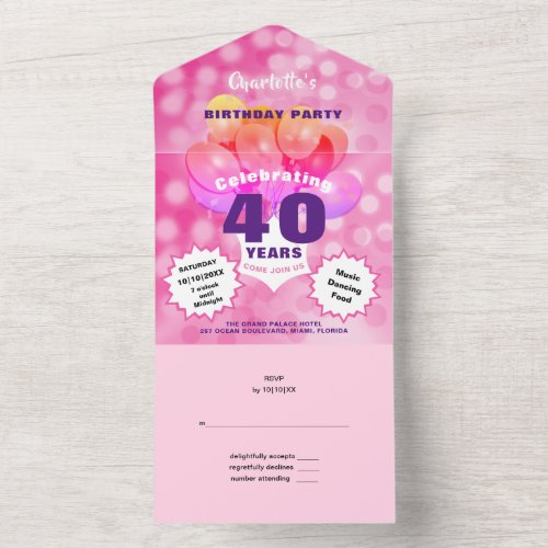 40th Birthday Party Glam Sparkle Glitz Pink All In One Invitation