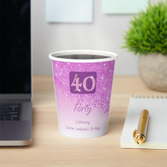 40th Birthday Party Gleaming Pink Glitter Paper Cups (Insitu)