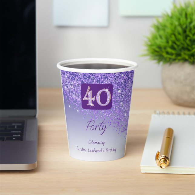 40th Birthday Party Gleaming Purple Glitter Paper Cups (Insitu)