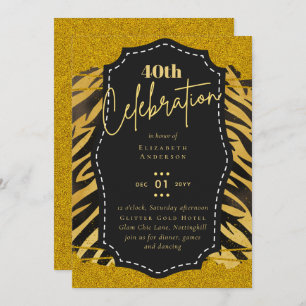 40th Birthday Party Gold Animal Print Glitter Glam Invitation