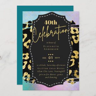 40th Birthday Party Gold Animal Print Glitter Glam Invitation