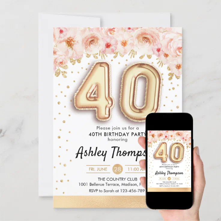 40th Birthday Party - Gold Balloons Invitation | Zazzle