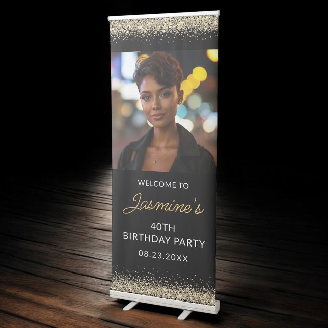 40th Birthday Party Gold Black Glitter Photo Retractable Banner (Creator Uploaded)