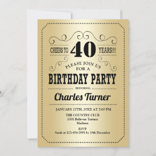 40th Birthday Party - Gold Black Invitation