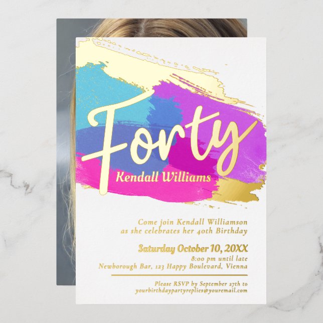 40th Birthday party gold foil photo abstract art Invitation (Front/Back)