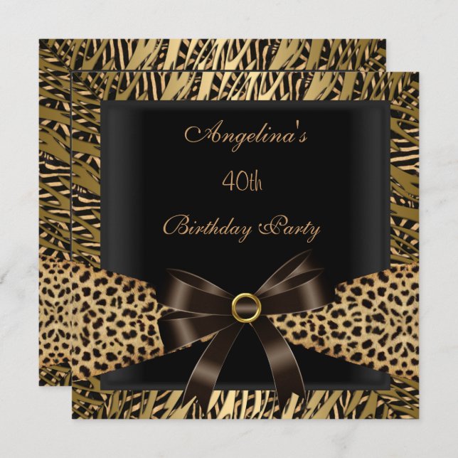 40th Birthday Party Gold Leopard Brown Black Invitation (Front/Back)