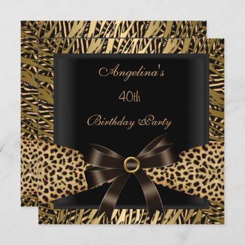 40th Birthday Party Gold Leopard Brown Black Invitation