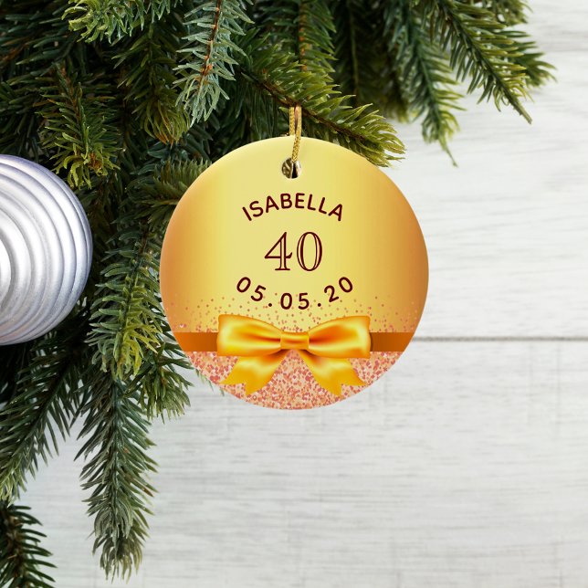 40th birthday party gold pink bow name ceramic ornament (Creator Uploaded)