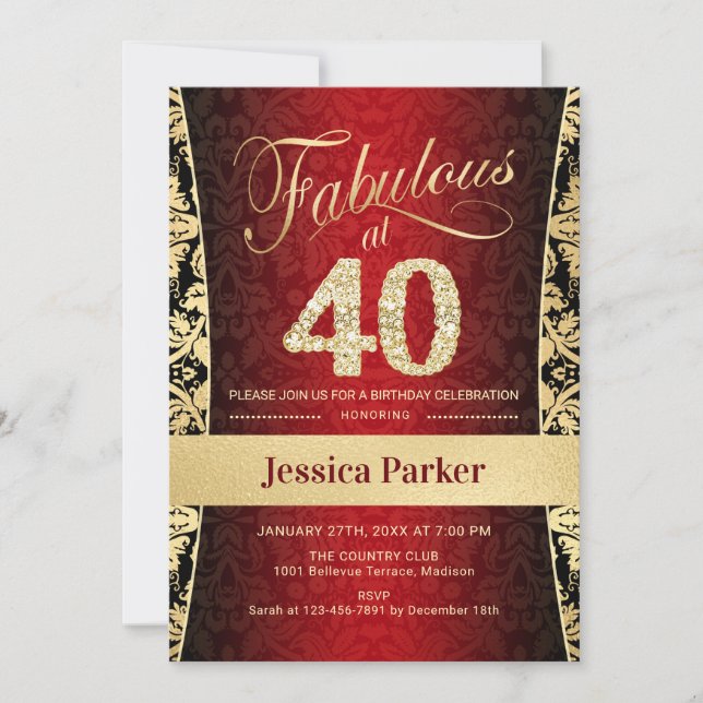 40th Birthday Party - Gold Red Black Invitation (Front)