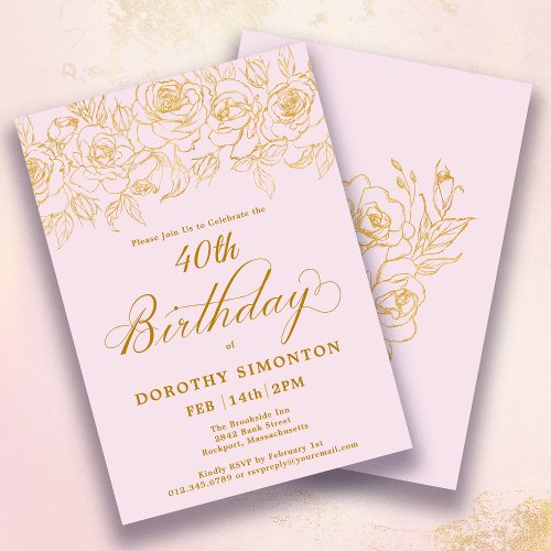 40th Birthday Party Gold Rose Floral Blush Pink Invitation