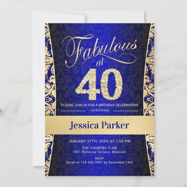 40th Birthday Party - Gold Royal Blue Invitation (Front)