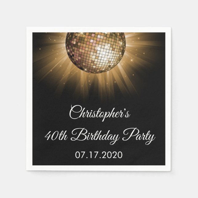 40th Birthday Party Gold Sparkle Disco Ball Napkins (Front)