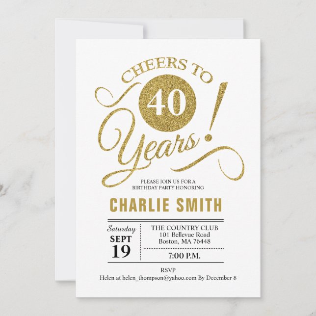 40th Birthday Party - Gold White Invitation (Front)