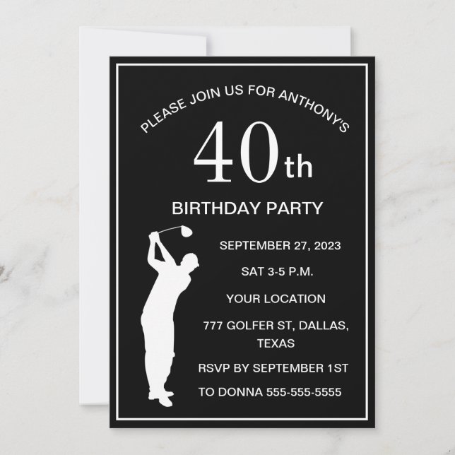 40th Birthday Party Golfer Black Par Adult Golf Invitation (Front)