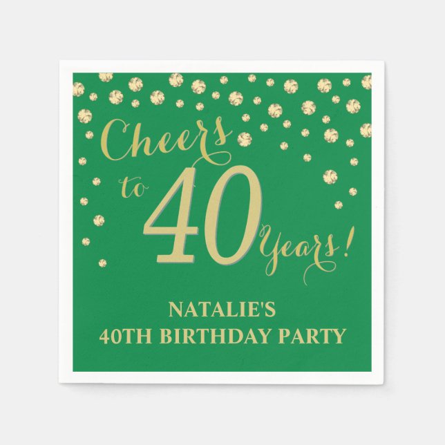 40th Birthday Party Green and Gold Diamond Napkins (Front)
