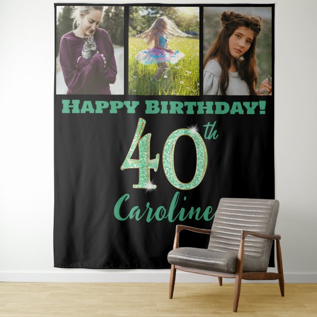 40th Birthday Party, Green Glitter & 3 photos Tapestry (In Situ)