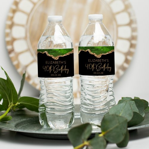 40th Birthday Party Green Gold Agate  Water Bottle Label