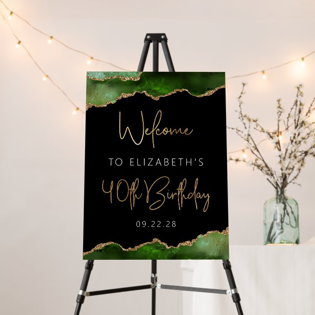 40th Birthday Party Green Gold Agate Welcome Foam Board (In Situ (Stand))