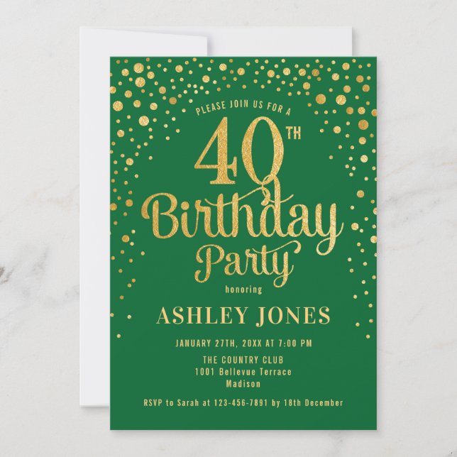 40th Birthday Party - Green & Gold Invitation (Front)