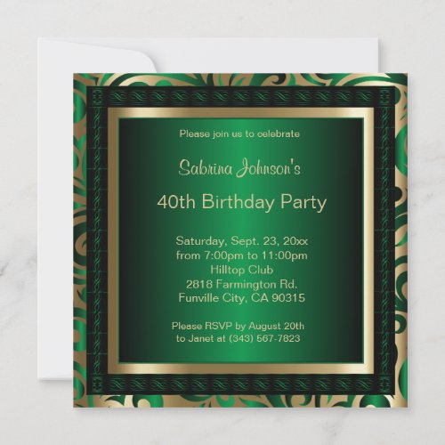 40th Birthday Party  Green Metallic  Gold Invitation