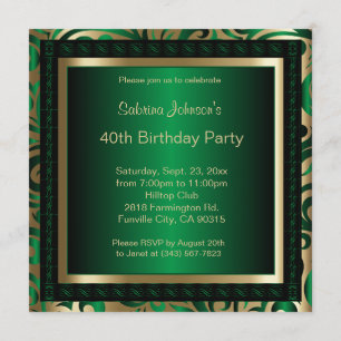 40th Birthday Party Green Metallic & Gold Invitation