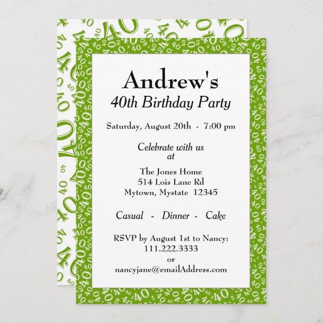 40th Birthday Party, Green/White Number Pattern Invitation (Front/Back)