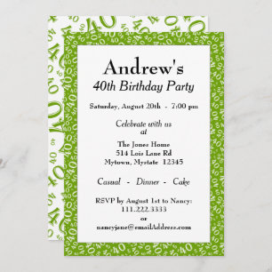 40th Birthday Party, Green/White Number Pattern Invitation