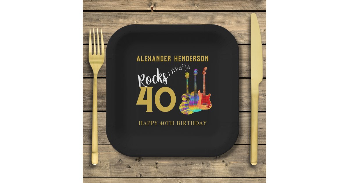 40th Birthday Party Guitars Name Rocks 40 Paper Plates | Zazzle