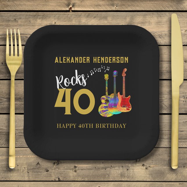40th Birthday Party Guitars Name Rocks 40 Paper Plates (Guitar black and gold custom 40th birthday party with rock and roll colorful funky guitars)