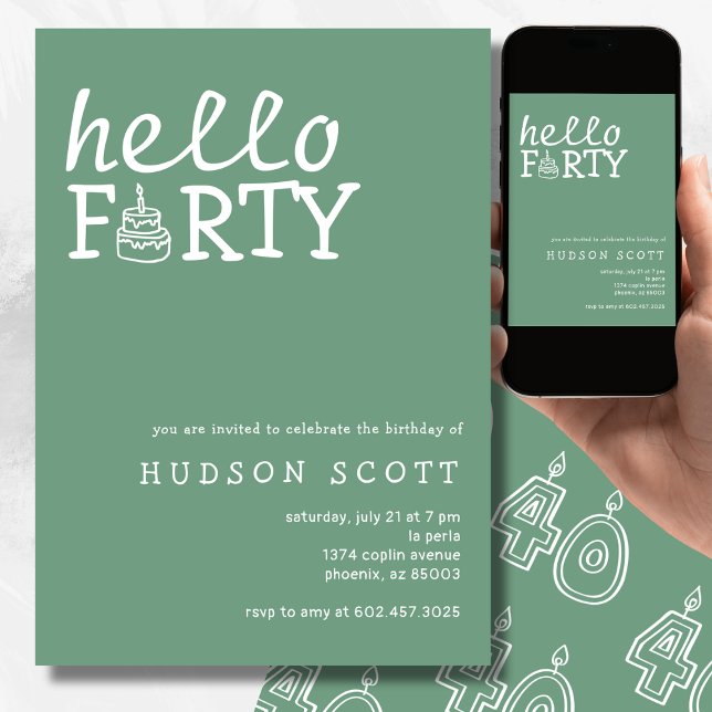  40th Birthday Party Hello Forty Modern Sage Green Invitation (Creator Uploaded)