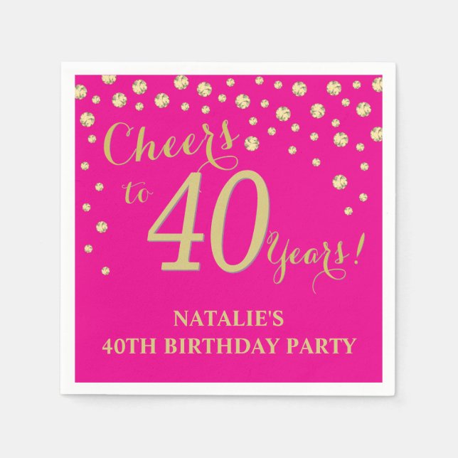 40th Birthday Party Hot Pink and Gold Diamond Napkins (Front)