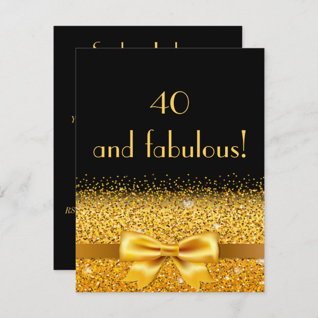 40th birthday party invitation black gold bow (Front/Back)