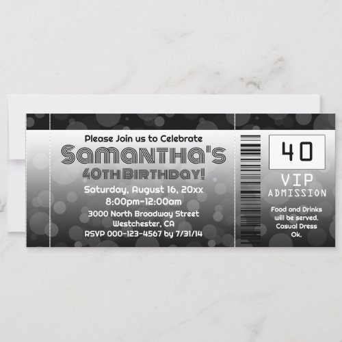 40th Birthday Party Invitation, Black Ticket
