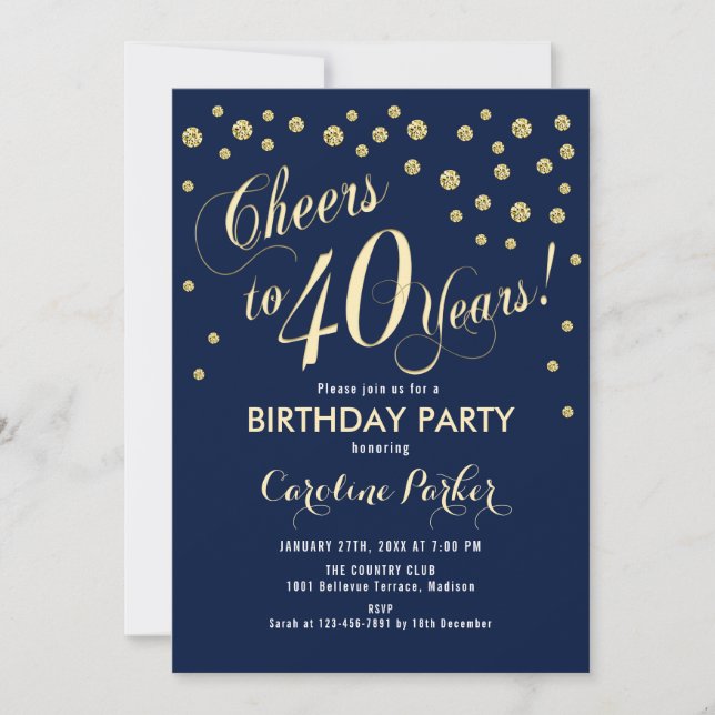 40th Birthday Party Invitation - Gold Navy (Front)