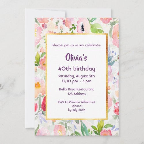40th birthday party invitation pink flowers white