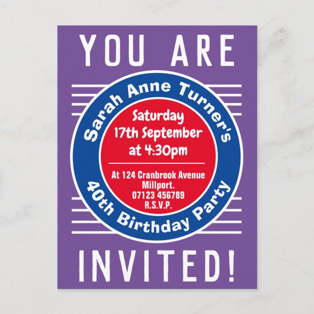 40th Birthday Party Invitation Postcard (Front)
