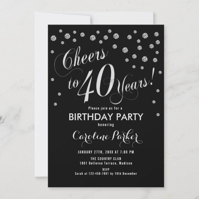 40th Birthday Party Invitation - Silver Black (Front)
