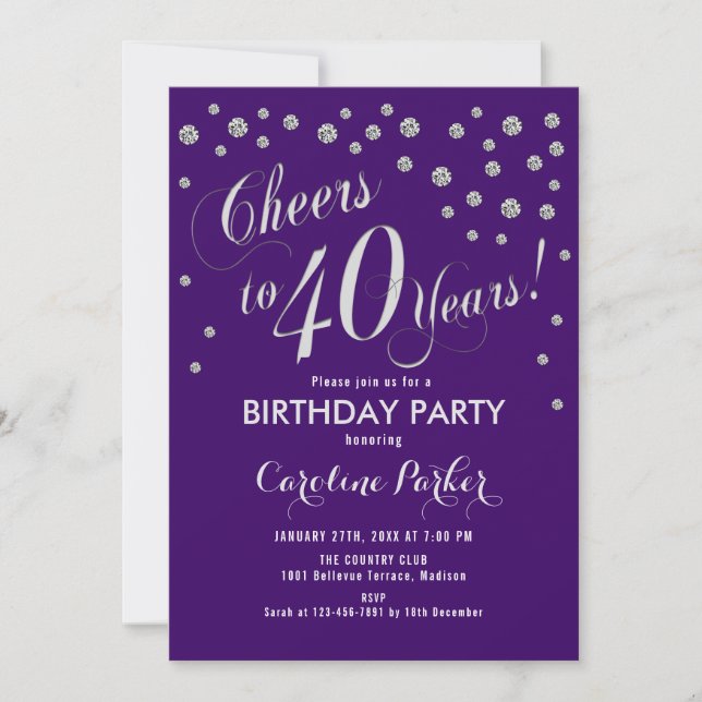 40th Birthday Party Invitation - Silver Purple (Front)