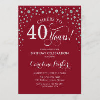 40th Birthday Party Invitation - Silver Red