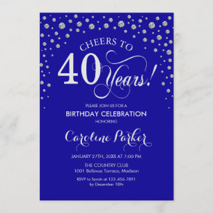 40th Birthday Party Invitation - Silver Royal Blue
