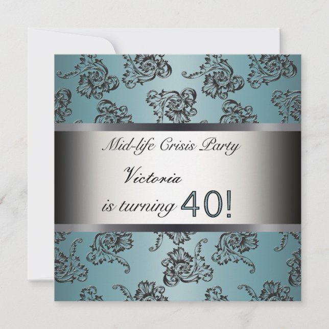 40th Birthday Party Invitation Teal Black Damask (Front)