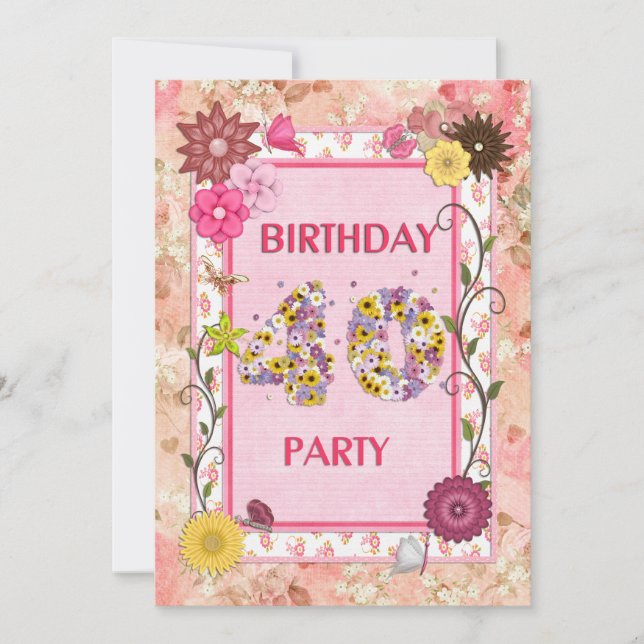 40th birthday party invitation with floral frame (Front)