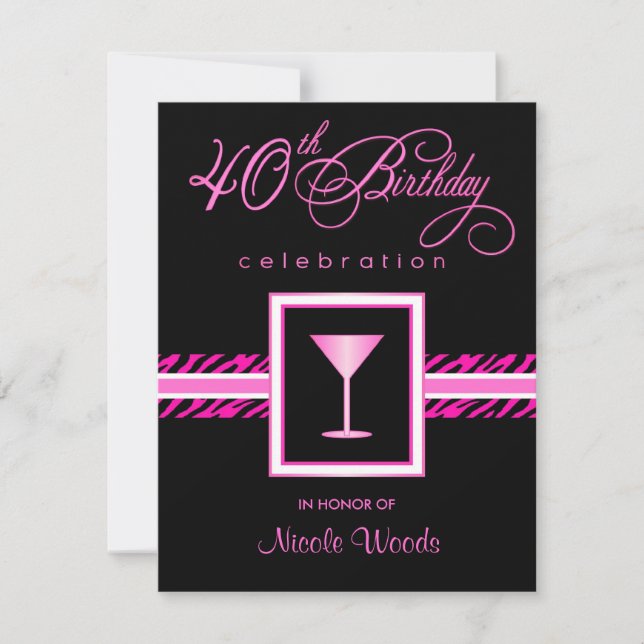 40th Birthday Party Invitations - Hot Pink Zebra (Front)